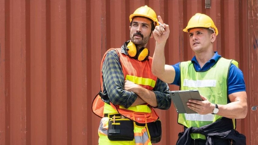 Zwei Männer mit einer Warnweste und einem gelben Baustellenhelm