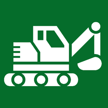 Baugeräte und Baustellenbedarf mieten - Dunkelgrünes Icon mit weissem Bagger 