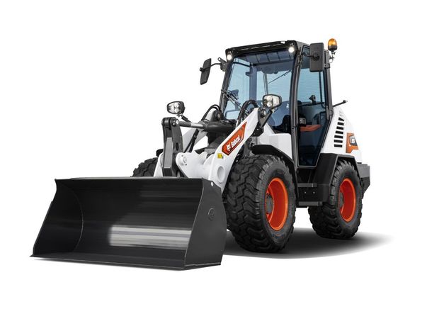 Baumaschinen mieten - Weisser Radlader von der Marke Bobcat mit roten Rädern