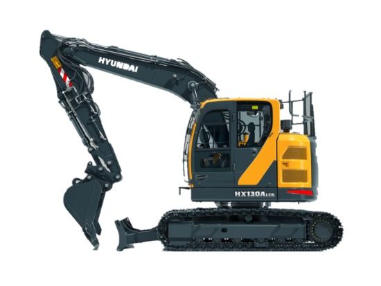 Baumaschinen mieten - Seitenansicht von gelbem Raupenbagger