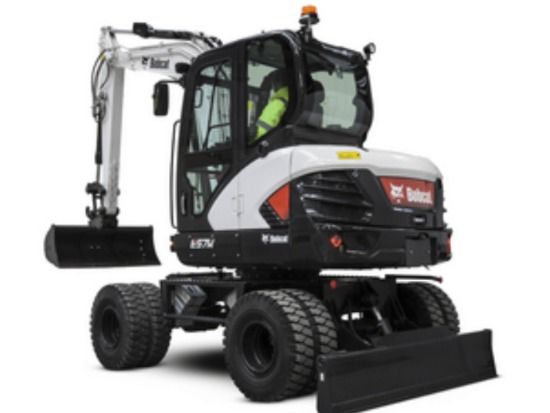 Baumaschinen mieten - Weisser Mobilbagger von der Marke Bobcat