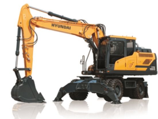 Baumaschinen mieten - Gelber Mobilbagger mit schwarzen Stützen